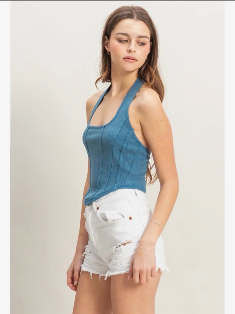 Blue Mineral Wash Ribbed Halter Crop Top HYFVE Medium NWT